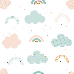 Cute seamless pattern with clouds and rainbow. Pastel color for newborns