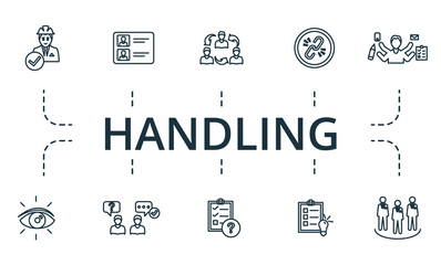 Handling icon set. Collection of simple elements such as the interaction, team characteristics, project status, multitasking, shared vision, respond to customers.