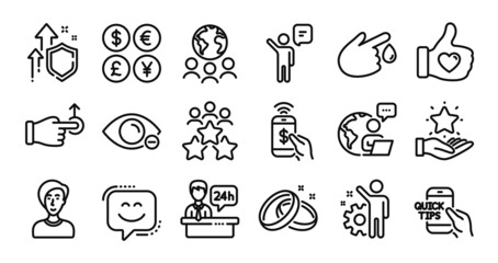 Fototapeta premium Wedding rings, Drag drop and Agent line icons set. Secure shield and Money currency exchange. Phone payment, Businesswoman person and Reception desk icons. Vector