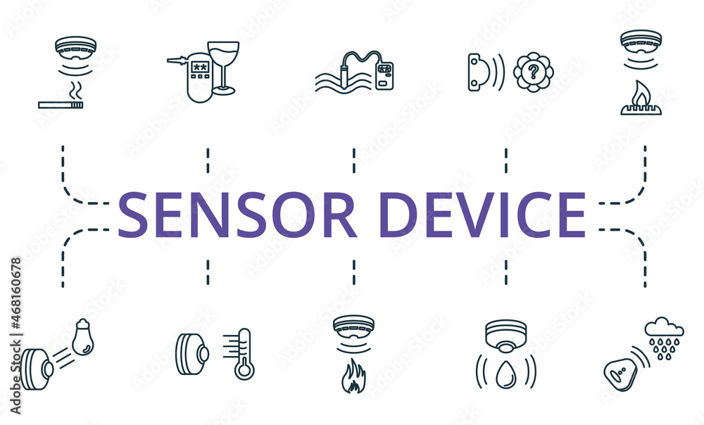 Aufkleber sensor device icon set. collection of simple elements such as the water quality sensor, color sensor