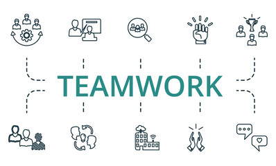 Teamwork icon set. Collection of simple elements such as the focus group, team building, career, succes, profit, teamwork, solution.