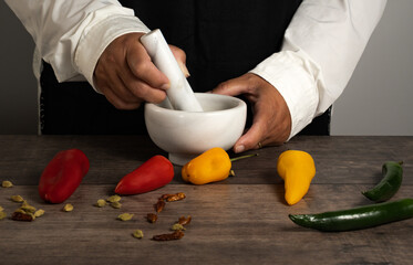 Person using mortar in kitchen.