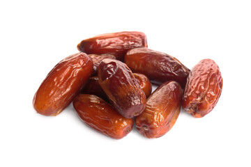 Heap of tasty sweet dried dates on white background