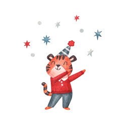 Watercolor character - cute tiger in christmas cap dancing. New year illustration isolated on a white background.
