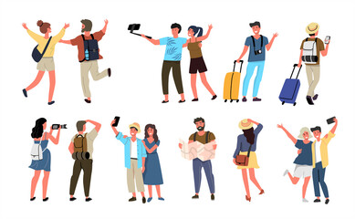 Tourists set. Traveling people. Man woman characters