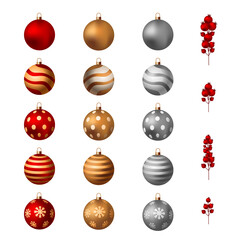 Set of Christmas toys for decor. Shiny glass balls red, gold, silver. Isolated on white background. Vector illustration.