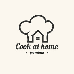 Cooking at home logotype with chef hat and house. Vector illustration.