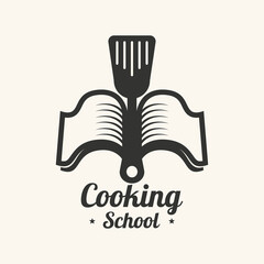 Cooking school logo with recipe book. Vector illustration logotype for cooking courses.