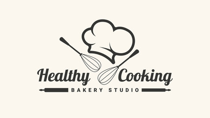 Healthy Cooking logo with chef hat and whisk. Vector illustration logotype for restaurant.