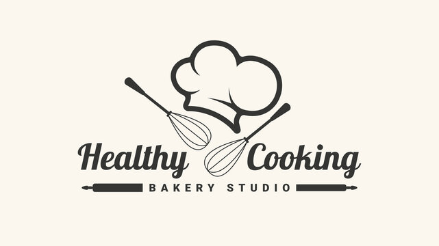 Healthy Cooking logo with chef hat and whisk. Vector illustration logotype for restaurant.