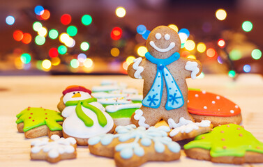 Christmas homemade gingerbread cookies. Santa, Snowflake and Pine tree 