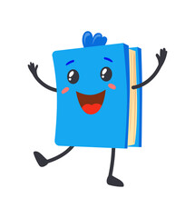 Blue textbook characters. Emoji happy book with eyes, answer on cover, cartoon icon vector illustration