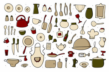 Doodle tableware vector set. Cartoon color kitchen dishes isolated on white background. Cooking pots, pans, food plates, cutlery, tea kettle, coffee cup, chefs clothes, knife. Kitchenware collection