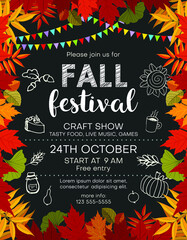 Fall festival announcing poster template with autumn foliage and bunting flags and food icons. Invitation with customized text for seasonal craft show or market flyer.  - 468165090
