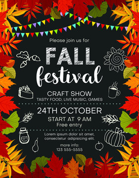 Fall Festival Announcing Poster Template With Autumn Foliage And Bunting Flags And Food Icons. Invitation With Customized Text For Seasonal Craft Show Or Market Flyer. 