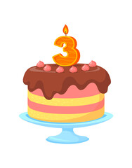 Cake on stand. Delicious pastry with candle for congratulation, cartoon vector