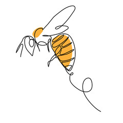 Bee vector drawn doodle, color illustration for honey label design. One continuous line art drawing of the flying bee