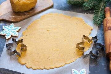 Rolled gingerbread dough for christmas cookies, top view