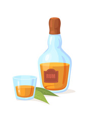Bottle of rum. Glass for tasting drinks rums, cartoon vector flat icon illustration