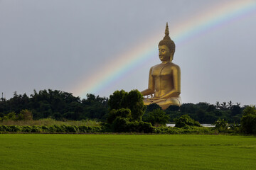 Big golden color buddha statue with green farm rice, Wat Muang, Ang Thong province in Thailand.