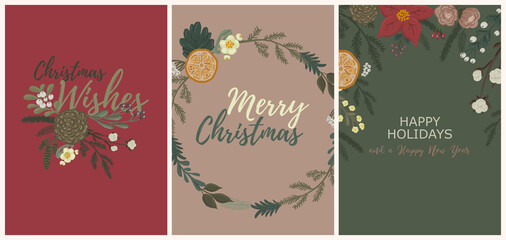 Set of beautiful retro Christmas postcards, greeting cards templates vector