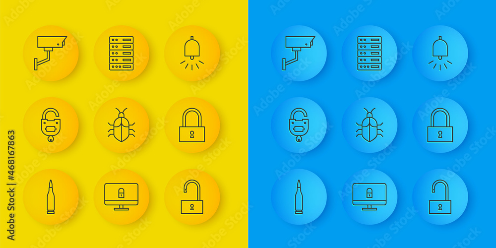 Poster set line bullet, lock and key, system bug concept, open padlock, security camera, ringing alarm bell
