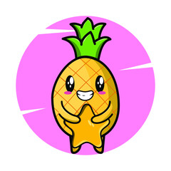 Cartoon pineapple mascot holding big golden star in cute style for t-shirt, sticker, logo element