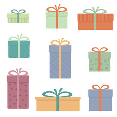 A set of gifts for the New Year or Birthday. Vector flat cartoon drawing of beautiful modern packaging boxes in pastel shades.