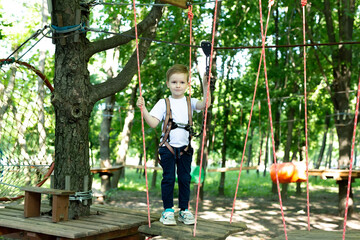 Small boy in climbing gear is walking along a rope road in an adventure Park, holding on to a rope...