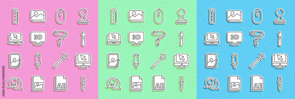 Poster set line pipette, computer monitor and cursor, paint brush, mouse, speech bubble with text 3d, lapto