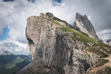 Fototapeta na wymiar Seceda peak. Top of Seceda mountain. Trentino Alto Adige, Dolomites Alps, South Tyrol, Italy.
