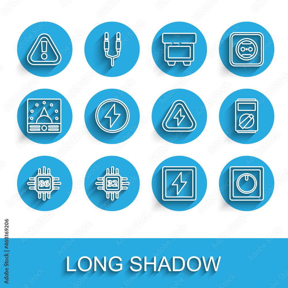 Poster set line processor with microcircuits cpu, exclamation mark in triangle, lightning bolt, electric li