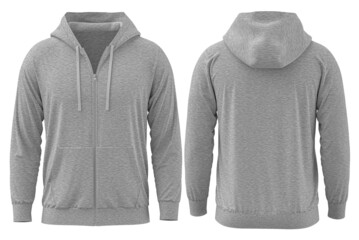 [GRAY MELANGE ] 3D render Full Zipper Blank male hoodie sweatshirt long sleeve, men's hoody with hood for your design mockup for print, isolated on white background. Template sport winter clothes - obrazy, fototapety, plakaty