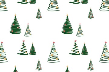 Christmas tree background, cute doodle pattern. Pine tree with holiday decorations. Hand draw vector illustration.