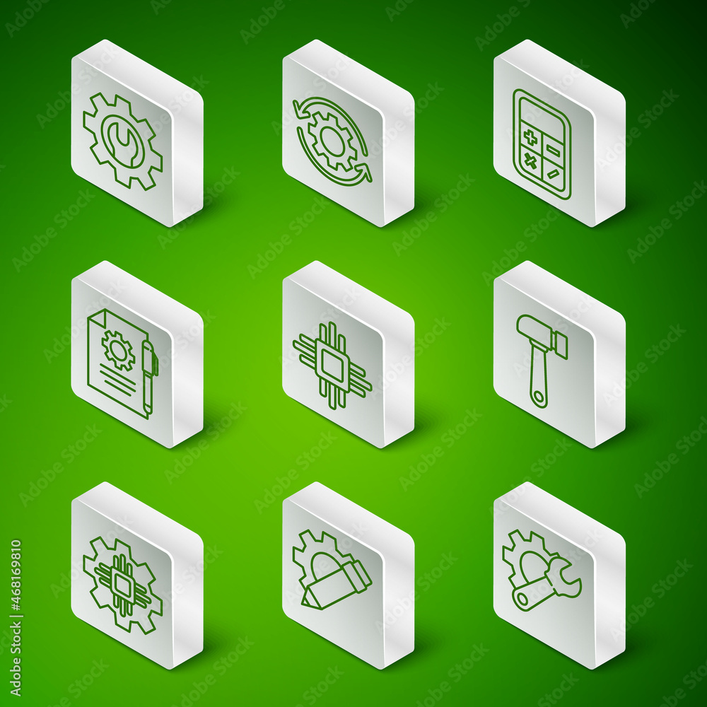 Poster set line wrench spanner and gear, pencil, processor with microcircuits cpu, document settings pen, g