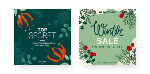 Winter sale banner set with sale discount texts. Colorfull banners with flowers, berries and christmas elements.Backgrounds collection. Template for event invitation, product catalog, ad. Vector eps10