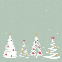 Green christmas background, aesthetic pine trees doodle. Hand draw vector illustration. Template for a postcard.