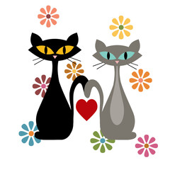 Colorful abstract Mid Century style illustration with black cat, grey cat, red heart  and colorful flowers decoration on white background - 468169896