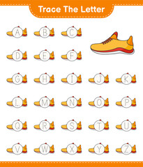 Trace the letter. Tracing letter alphabet with Running Shoes. Educational children game, printable worksheet, vector illustration