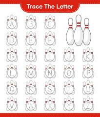 Trace the letter. Tracing letter alphabet with Bowling Pin. Educational children game, printable worksheet, vector illustration