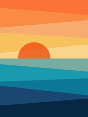 Abstract illustration of colorful (yellow, orange, blue, turquoise) sunrise by the sea with diagonal lines and sun decoration - 468170065