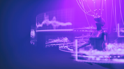 Woman in VR glasses trade cryptocurrency on DEX exchange in metaverse. Human interact with defi trading platform in virtual decentalized reality. Cyberpunk crypto 3d render illustration.