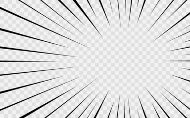 Manga radial lines. Comic speed effect. Anime motion zoom. Cartoon splash frame on transparent background. Crash bang pattern. Superhero banner with burst rays. Explosion bomb. Vector illustration.