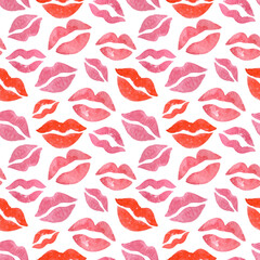 Watercolor red and pink lips imprints on a white background. Valentine’s Day seamless pattern. Romantic wallpaper texture. Sexy fashion fabric design. Beauty wrapping paper in vintage style