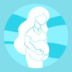 Silhouette of a pregnant girl with long hair. Simple flat vector illustration isolated on blue background.