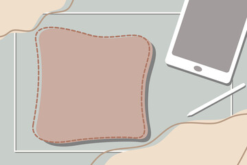Basic simple green background. Soft orange wave cross angle and brown line, White rectangle frame with gray shadow. Pink frame and dash, tablet and pen. Vector illustration presentation wallpaper.