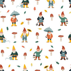 Seamless pattern with different garden gnomes. Cute character illustration