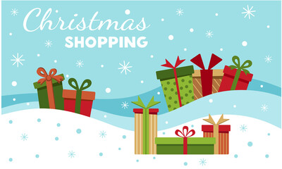 Vector flat illustration of Christmas shopping. New Year's card banner Christmas shopping. Christmas gifts in the snow. Vector illustration of EPS10.