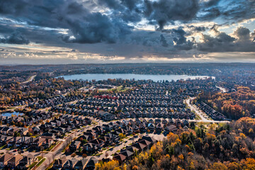 sun set Drone views of the lake and residential homes in Richmond Hill Ontario 