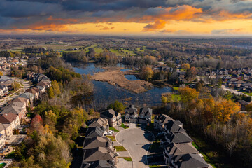 sun set Drone views of the lake and residential homes in Richmond Hill Ontario 